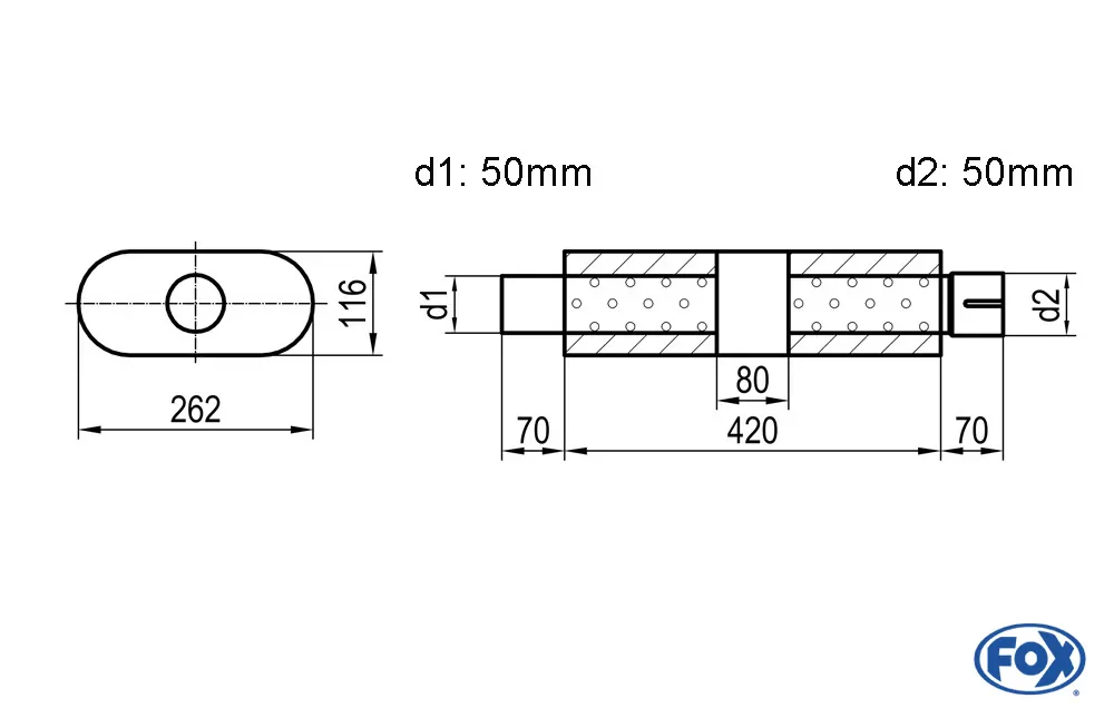 Uni-Schalldämpfer oval mit Kammer + Stutzen - Abw. 650  262x116mm, d1Ø 50mm (außen), d2Ø 50mm (innen), Länge: 420mm