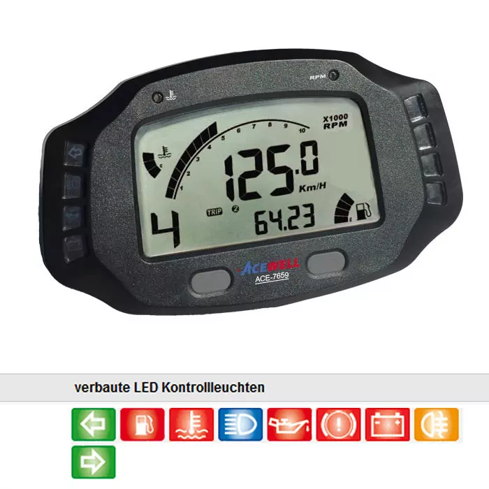 Multifunktionelles Digitalinstrument, Schwarz, Tacho Drehzahlmesser Temperatur Gang Tankanzeige