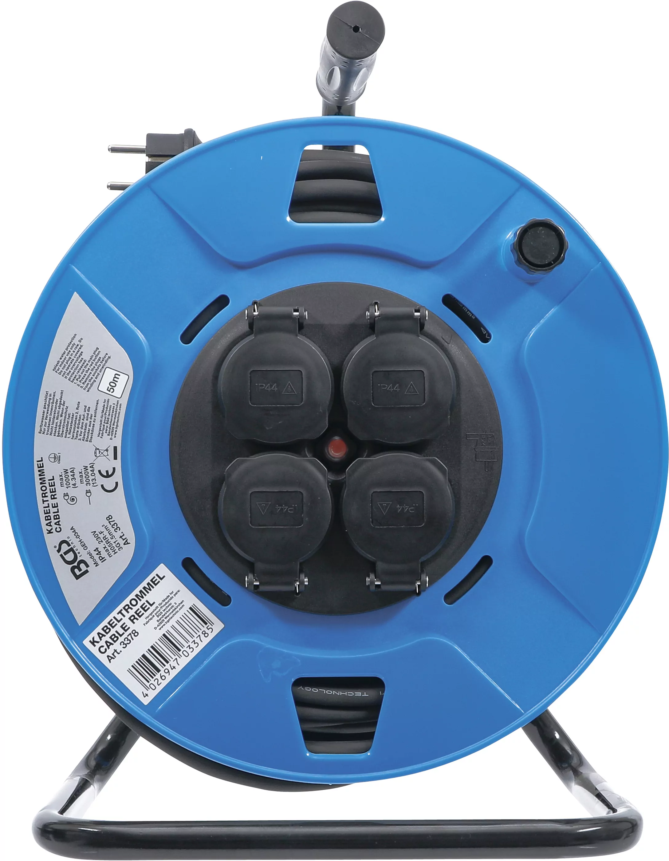 Kabeltrommel | 50 m | 3 x 1,5 mm² | 4 Steckdosen mit Verschlusskappe | IP 44 | 3500 W