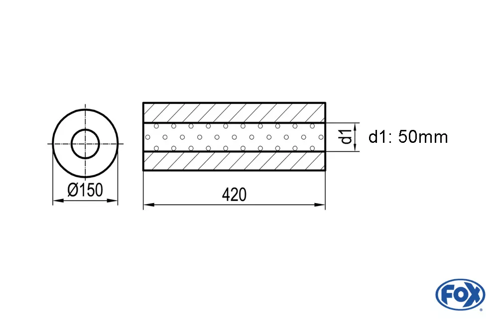 Uni-Schalldämpfer rund ohne Stutzen - Abwicklung 466  Ø 150mm, d1Ø 50mm - Länge: 420mm