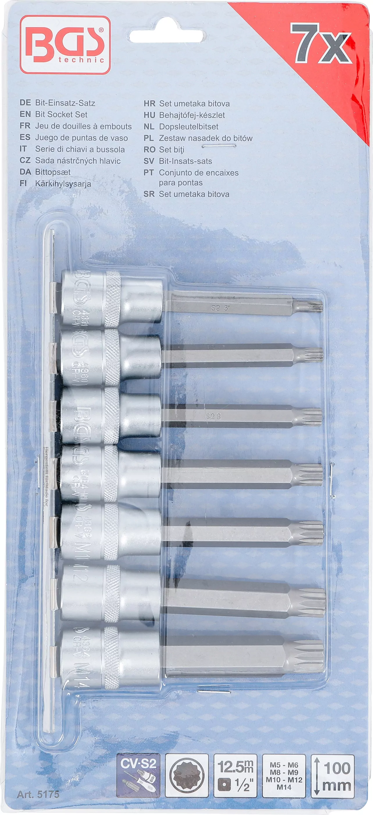 Bit-Einsatz-Satz | Antrieb Innenvierkant 12,5 mm (1/2") | Innenvielzahn (für XZN) M5 - M14 | 7-tlg.