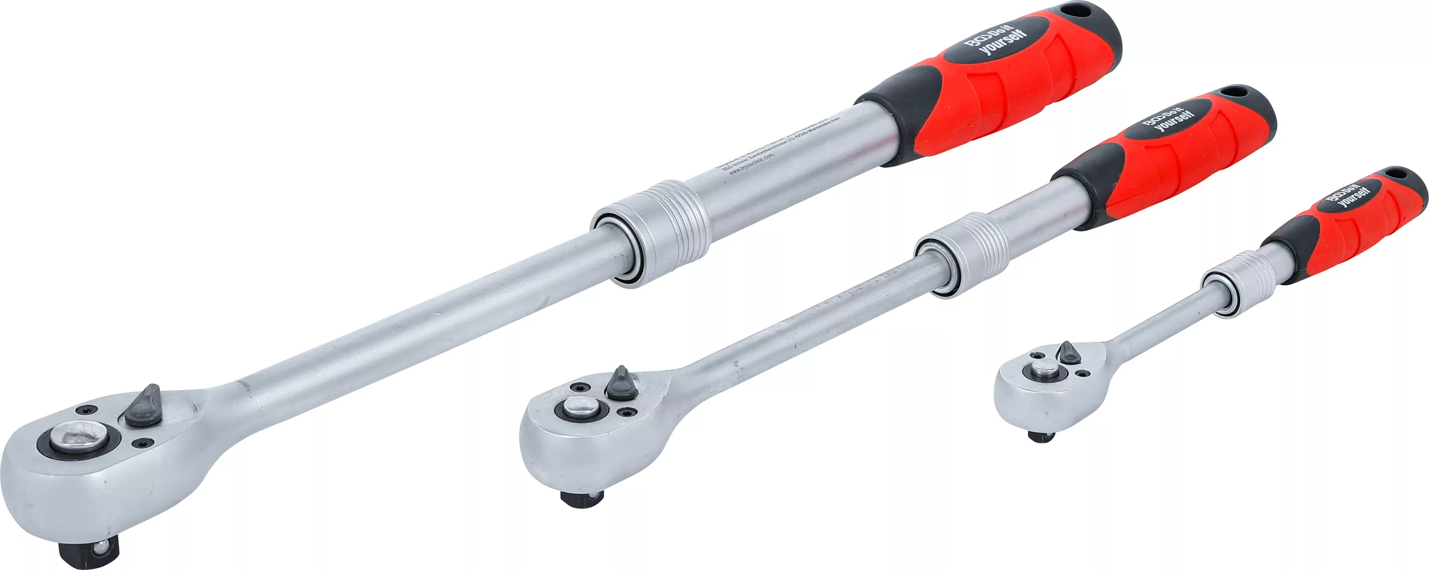 Umschaltknarren-Satz | ausziehbar | Abtrieb Außenvierkant 6,3 mm (1/4") - 10 mm (3/8") - 12,5 mm (1/2") | 3-tlg.