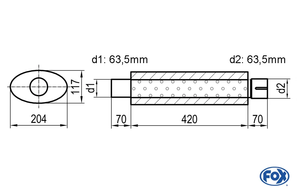 Uni-Schalldämpfer oval mit Stutzen - Abwicklung 525  204x117mm, d1Ø 63,5mm  d2Ø 64mm, Länge: 420mm