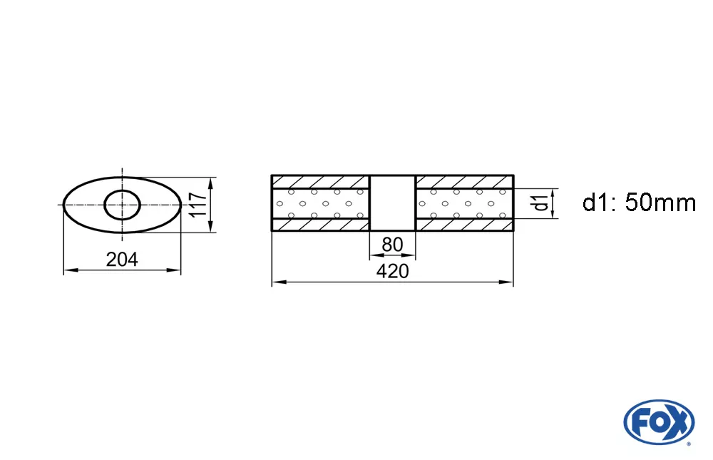 Uni-Schalldämpfer Oval ohne Stutzen mit Kammer - Abw. 525  204x117mm, d1Ø 50mm (außen), Länge: 420mm