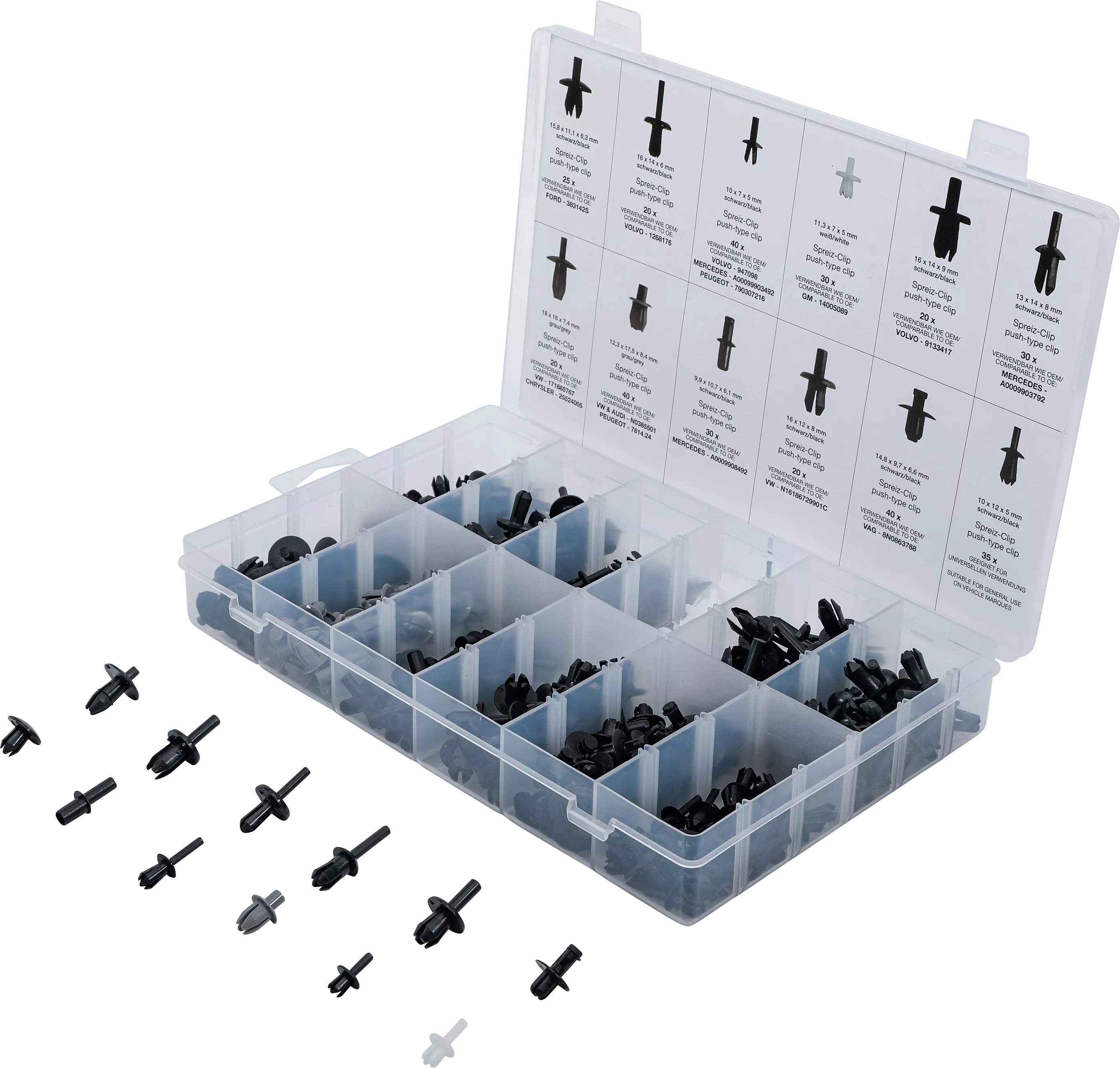 Kfz-Befestigungsclip-Sortiment für VW, Audi, Volvo, Chrysler, Ford, Mercedes-Benz | 350-tlg.