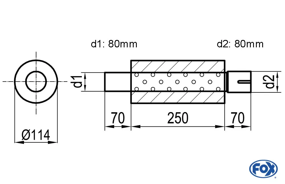 Uni-Schalldämpfer rund mit Stutzen - Abwicklung 355  Ø 114mm, d1Ø 88,9mm  d2Ø 89,4mm, Länge: 250mm