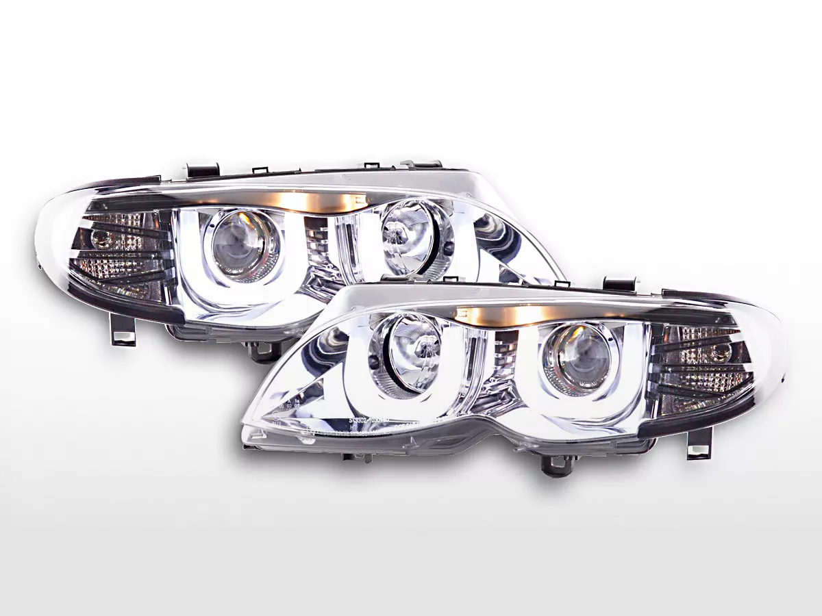 Scheinwerfer Set Daylight LED TFL-Optik BMW 3er E46 Limo/Touring Bj. 02-05 chrom für Rechtslenker