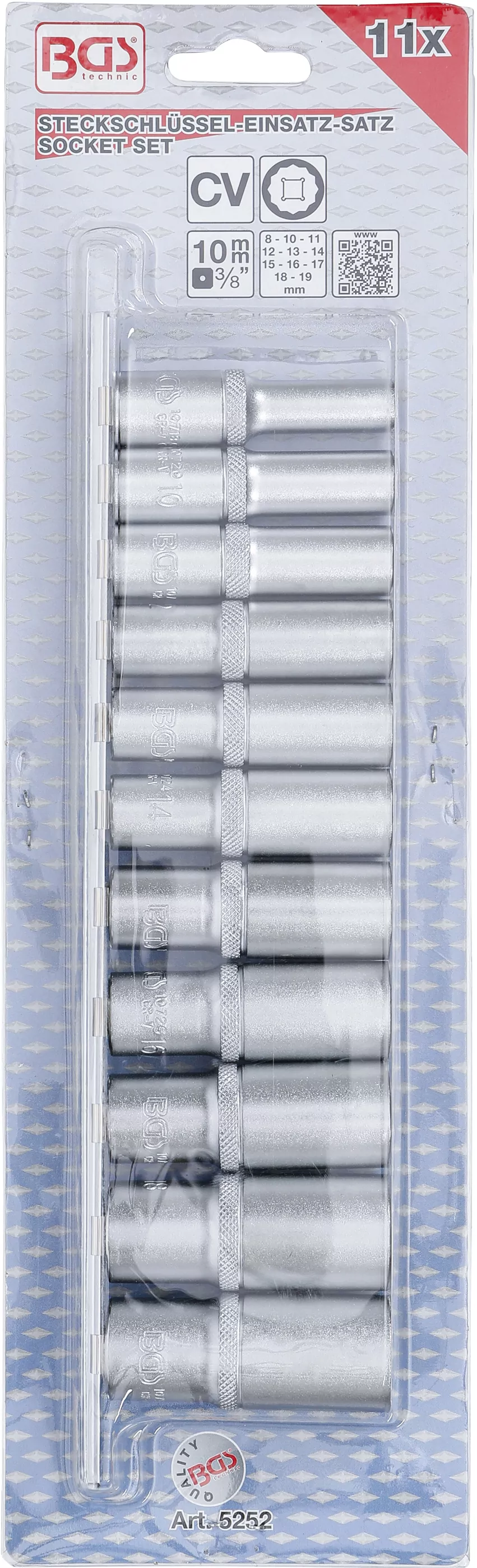 Steckschlüssel-Einsatz-Satz Zwölfkant, tief | Antrieb Innenvierkant 10 mm (3/8") | SW 8 - 19 mm | 11-tlg.