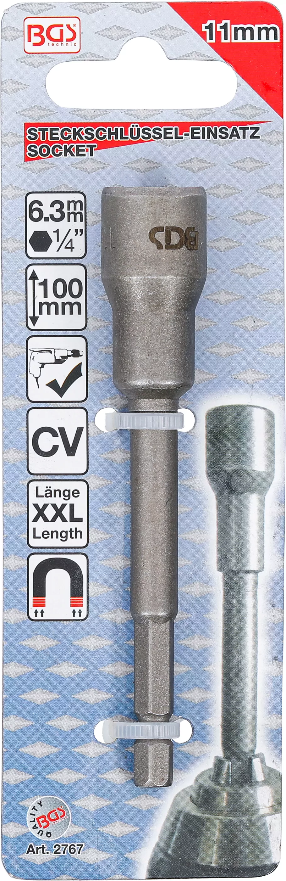 Steckschlüssel-Einsatz Sechskant, extra lang | für Bohrmaschinen | Antrieb Außensechskant 6,3 mm (1/4") | SW 11 mm