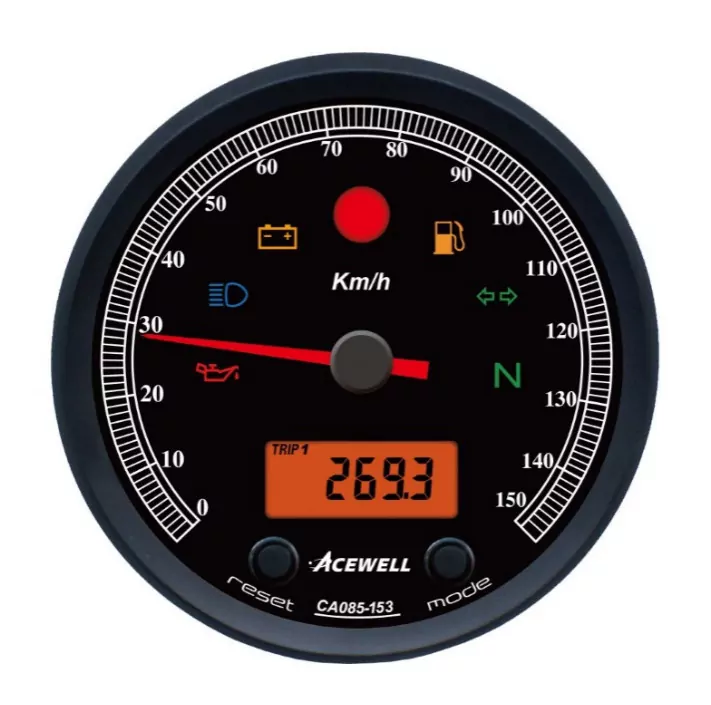 Acewell | Analog Tacho 150 Km/h | Digital Dzm | Ring Schwarz | Zifferblatt Schwarz | Gehäuse Schwa