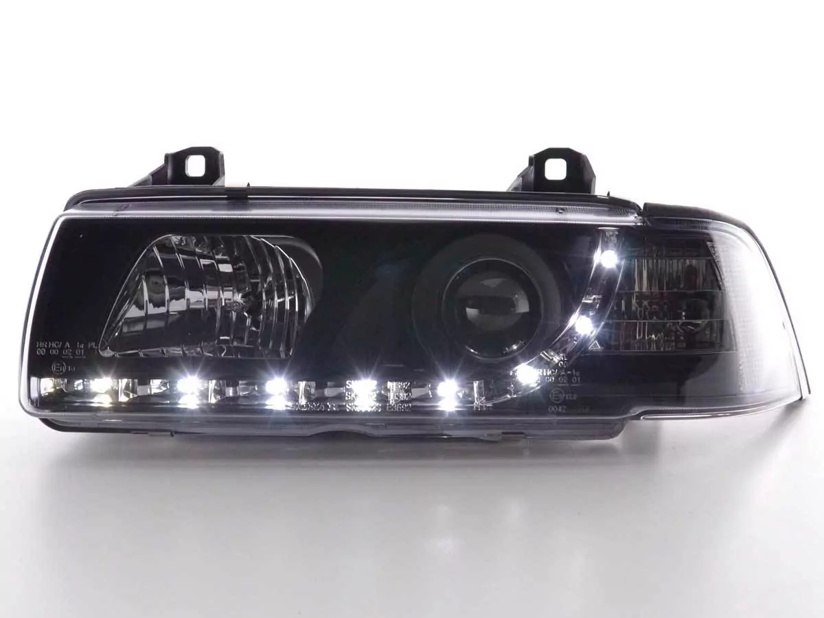 Scheinwerfer Set Daylight LED TFL-Optik BMW 3er Coupe, Cabrio Typ E36 Bj. 92-98 schwarz