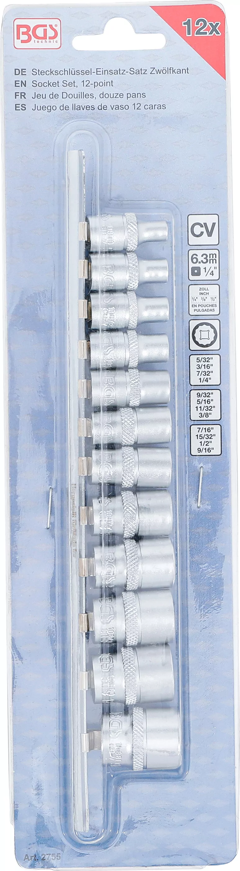 Steckschlüssel-Einsatz-Satz Zwölfkant | Antrieb Innenvierkant 6,3 mm (1/4") | Zollgrößen | 12-tlg.