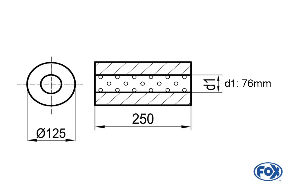 Uni-Schalldämpfer rund ohne Stutzen - Abwicklung 390  Ø 125mm, d1Ø 76mm, Länge: 250mm