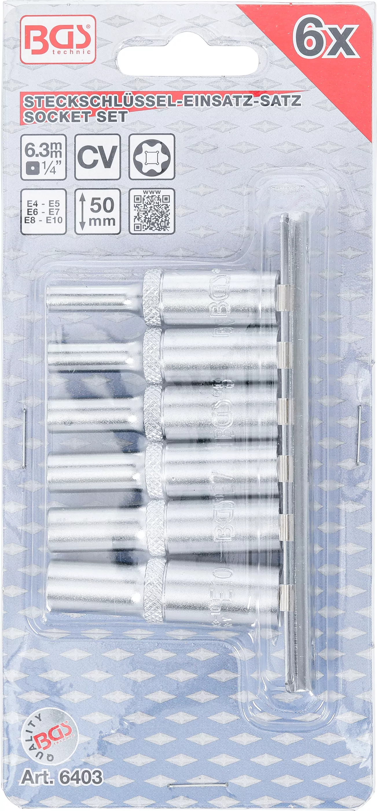 Steckschlüssel-Einsatz-Satz E-Profil, tief | Antrieb innenvierkant 6,3 mm (1/4") | SW E4 - E10 | 6-tlg.