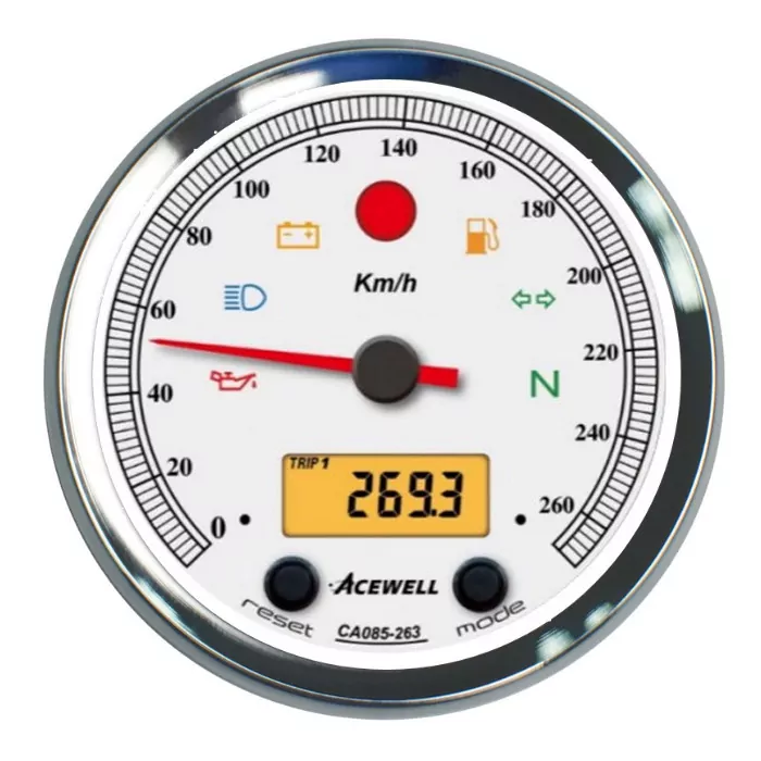 Acewell | Analog Tacho 260 Km/h | Digital Dzm | Ring Chrom | Zifferblatt Weiss | Gehäuse Schwarz