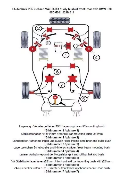 TA Technix PU-Buchsen Kit 37-teilig / Vorderachse+Hinterachse / Vorderachse mit Ø 21mm Stabi / M3 Exzenter / Hinterachse mit Ø 14mm Stabi / passend für BMW 3er Serie E30