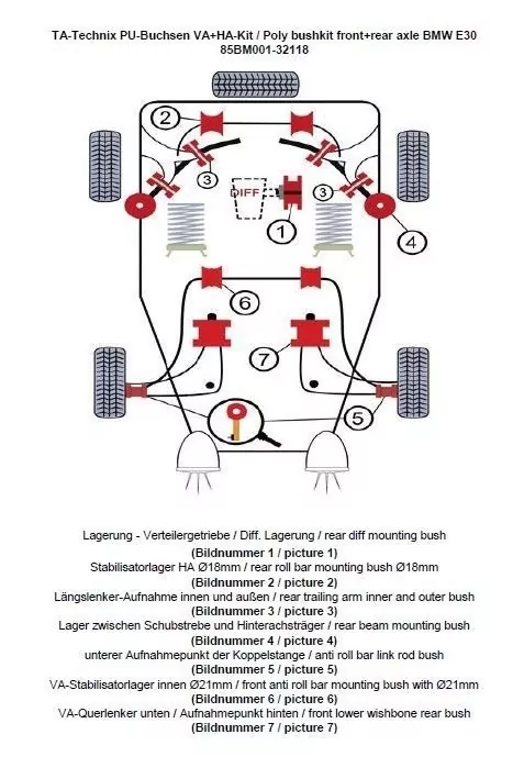 TA Technix PU-Buchsen Kit 37-teilig / Vorderachse+Hinterachse / Vorderachse mit Ø 21mm Stabi / Hinterachse mit Ø 18mm Stabi / passend für BMW 3er Serie E30