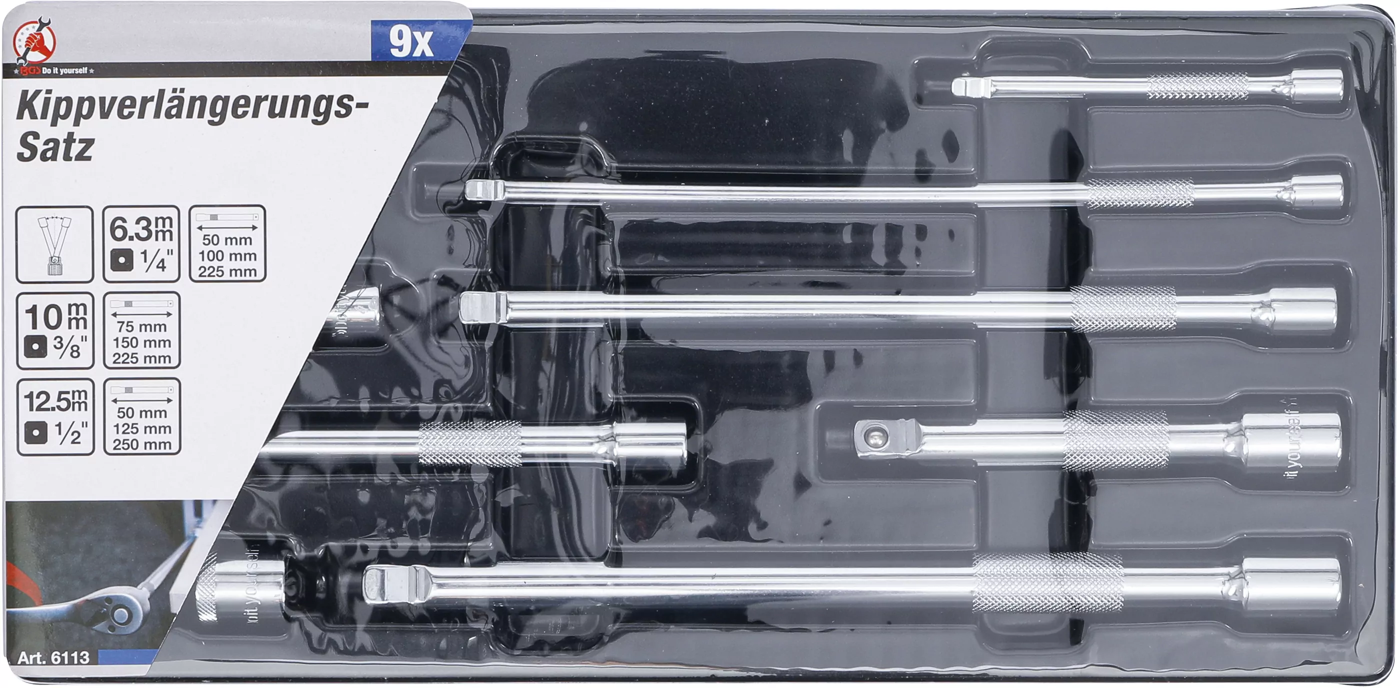 Kippverlängerungs-Satz | 6,3 mm (1/4") / 10 mm (3/8") / 12,5 mm (1/2") | 9-tlg.