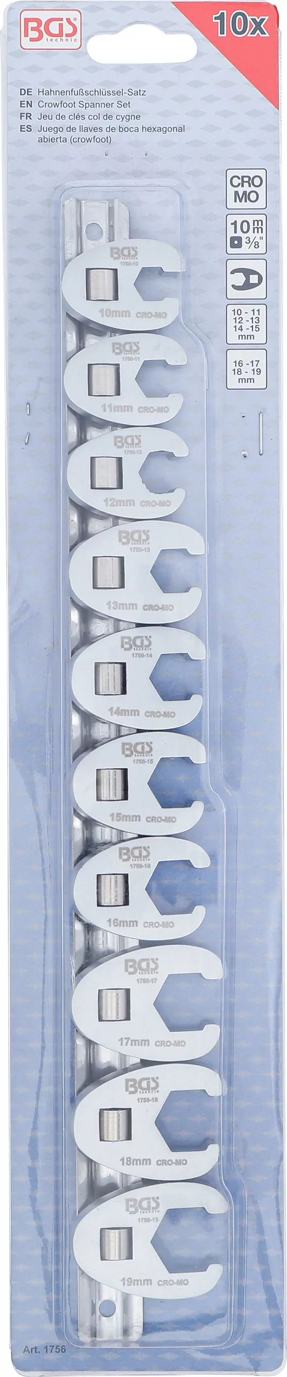 Hahnenfußschlüssel-Satz | Antrieb Innenvierkant 10 mm (3/8") | SW 10 - 19 mm | 10-tlg.