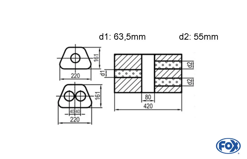 Uni-Schalldämpfer Trapezoid zweiflutig mit Kammer - Abw. 644  220x161mm, d1Ø 63,5mm  d2Ø 55mm, Länge: 420mm - Variante 2