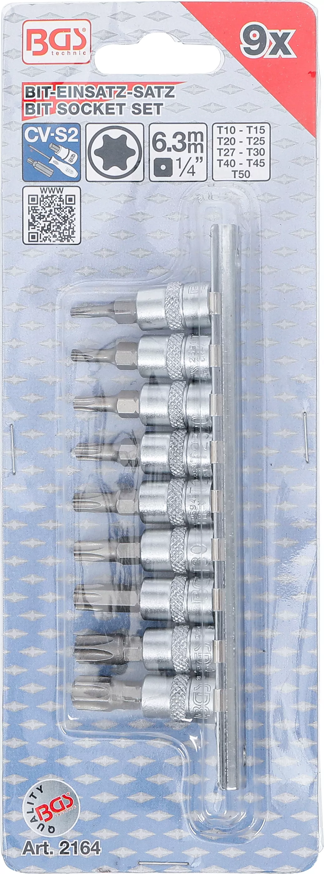 Bit-Einsatz-Satz | Antrieb Innenvierkant 6,3 mm (1/4") | T-Profil (für Torx) T10 - T50 | 9-tlg.