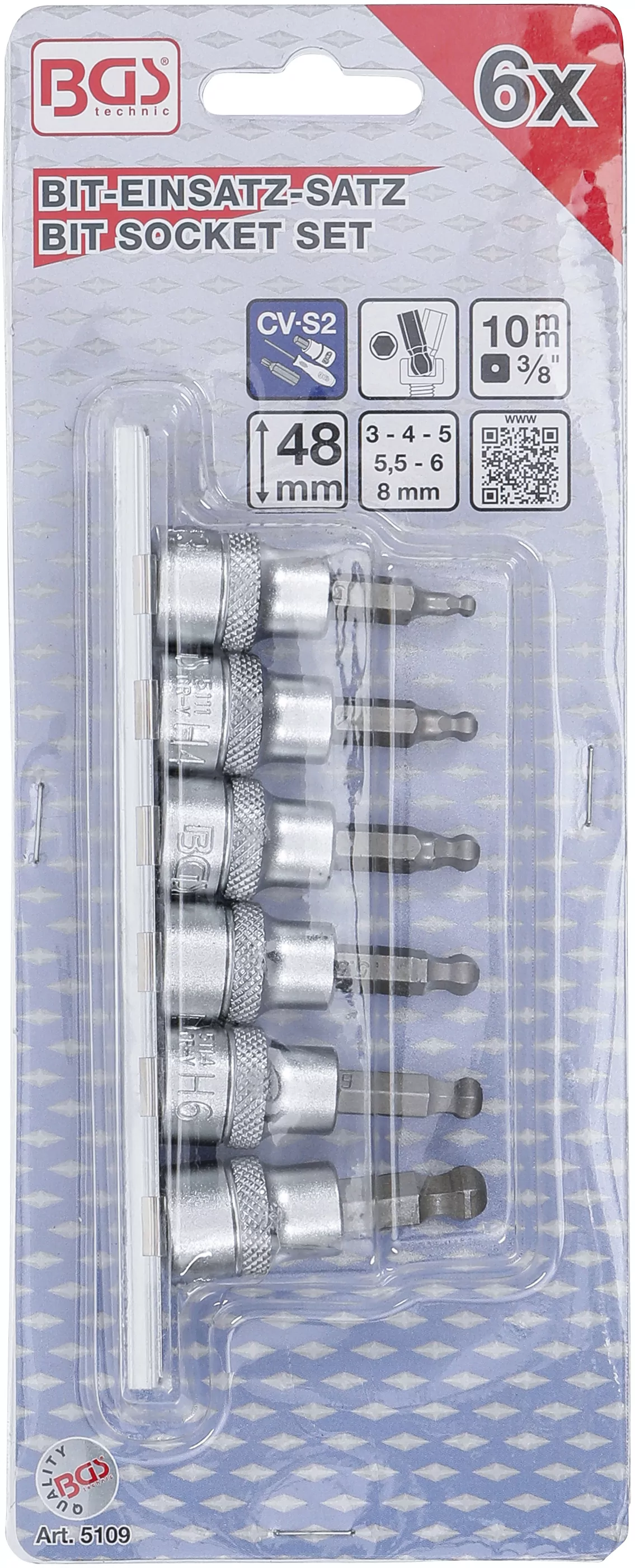 Bit-Einsatz-Satz | Antrieb Innenvierkant 10 mm (3/8") | Innensechskant mit Kugelkopf 3 - 8 mm | 6-tlg.