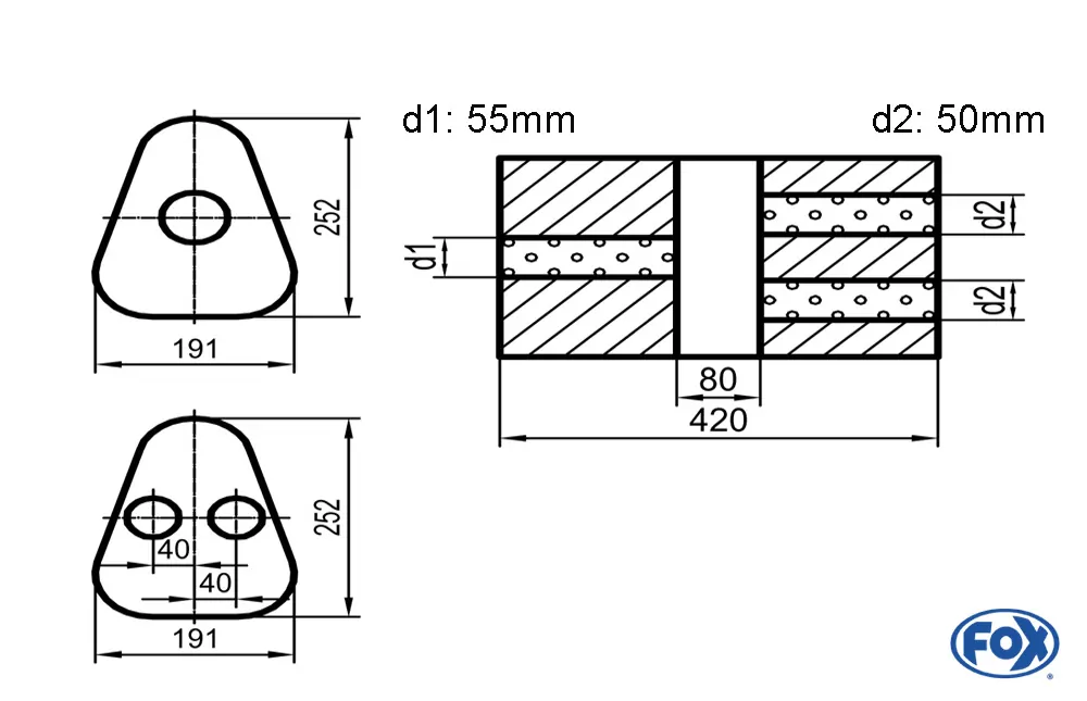 Uni-Schalldämpfer Dreieckig mit Kammer - Abwicklung 725  Variante 2  191x252mm, d1Ø 55mm außen / d2Ø 2x50mm außen - Länge: 420mm