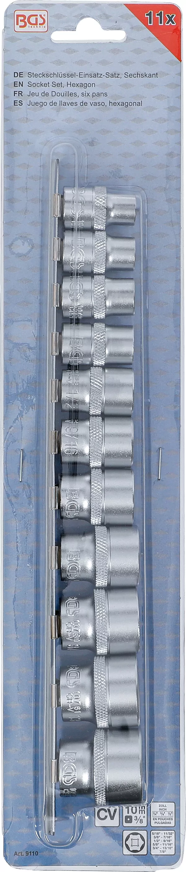 Steckschlüssel-Einsatz-Satz, Sechskant | Antrieb Innenvierkant 10 mm (3/8") | SW 5/16" - 7/8" | 11-tlg.