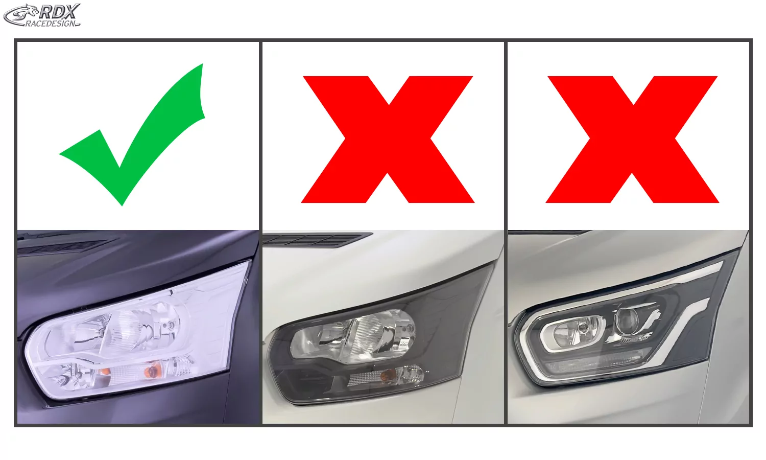 RDX Scheinwerferblenden für FORD Transit (2014-heute) für silberne Halogen-Scheinwerfer weiß glänzend Böser Blick