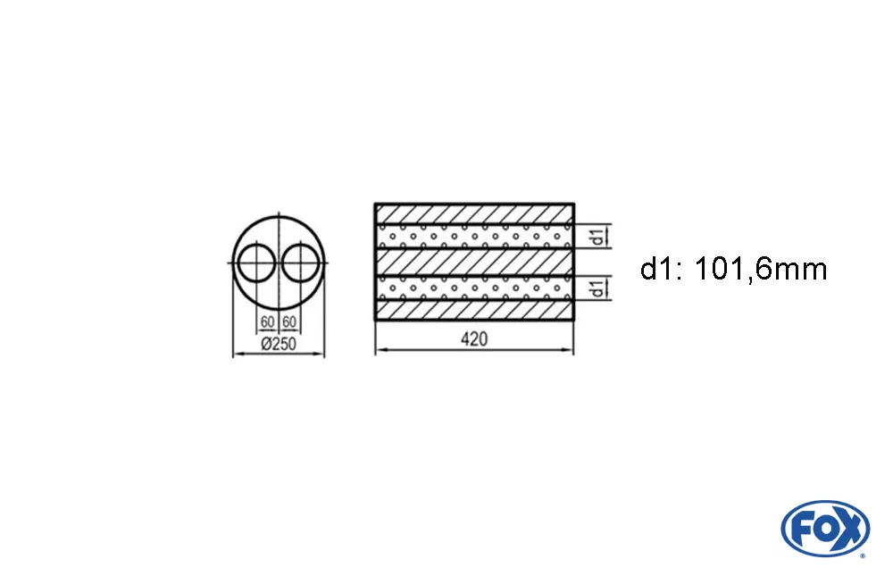 Uni-Schalldämpfer rund zweiflutig  - Abwicklung 784  Ø 250mm, d1: 101,6mm, Länge: 420mm -Ø250mm