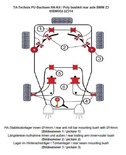 TA Technix PU-Buchsen Kit 20-teilig / Hinterachse mit Ø 14mm Stabi / passend für BMW Z3 Roadster/Coupe Serie E36
