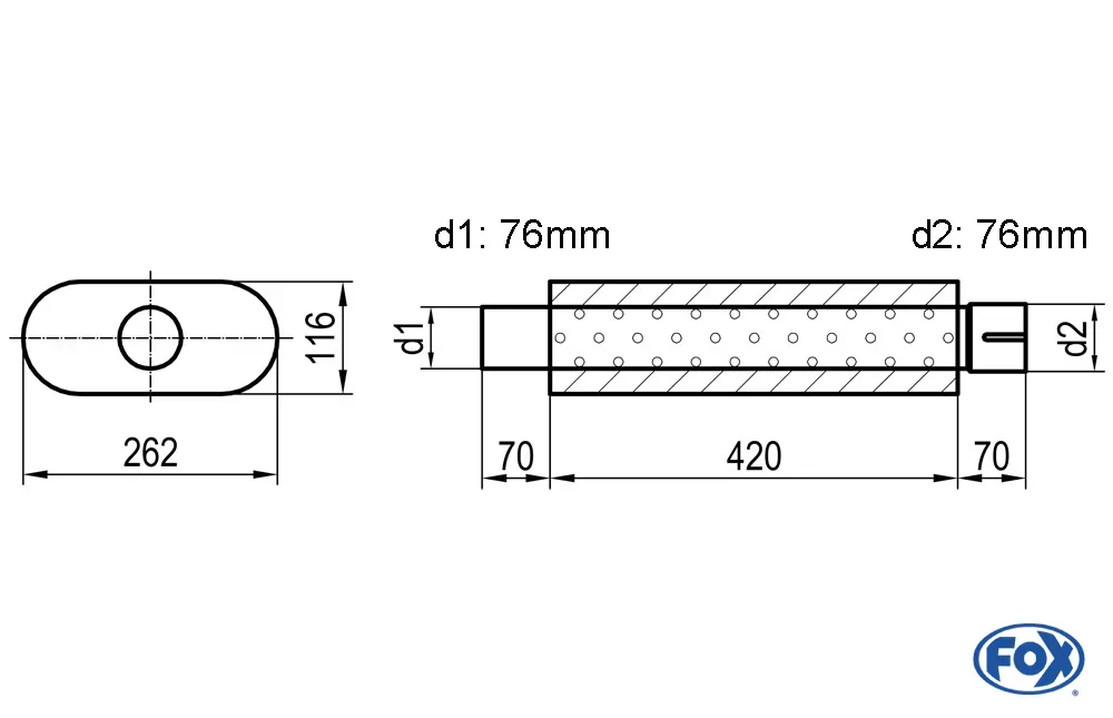 Uni-Schalldämpfer oval mit Stutzen - Abwicklung 650  262x116mm, d1Ø 76mm  d2Ø 76,5mm, Länge: 420mm