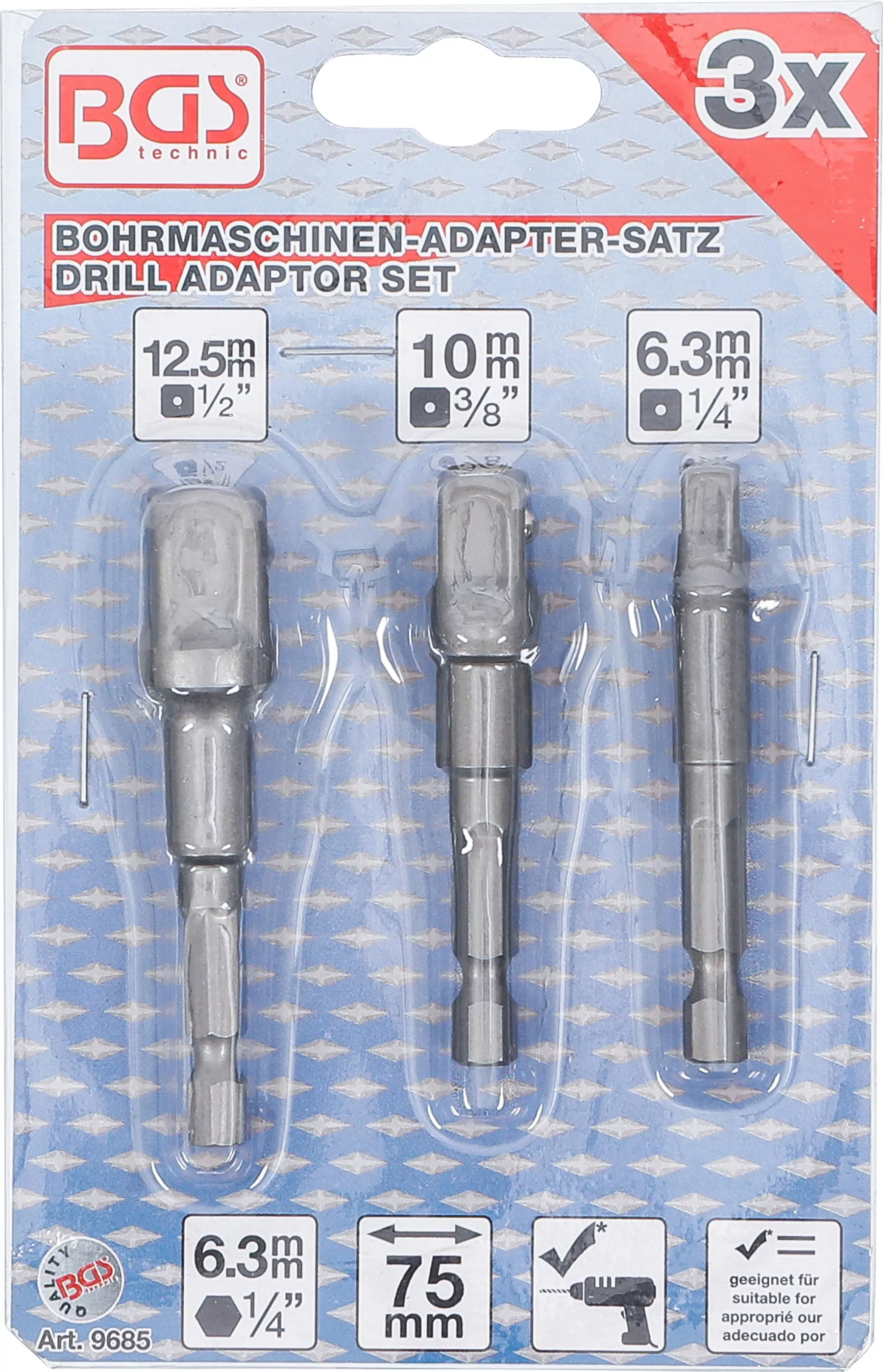 Adapter-Satz für Bohrmaschinen | Außensechskant Antrieb 6,3 mm (1/4") | Abtrieb Außenvierkant 6,3 mm (1/4"), 10 mm (3/8"), 12,5 mm (1/2") | 3-tlg.