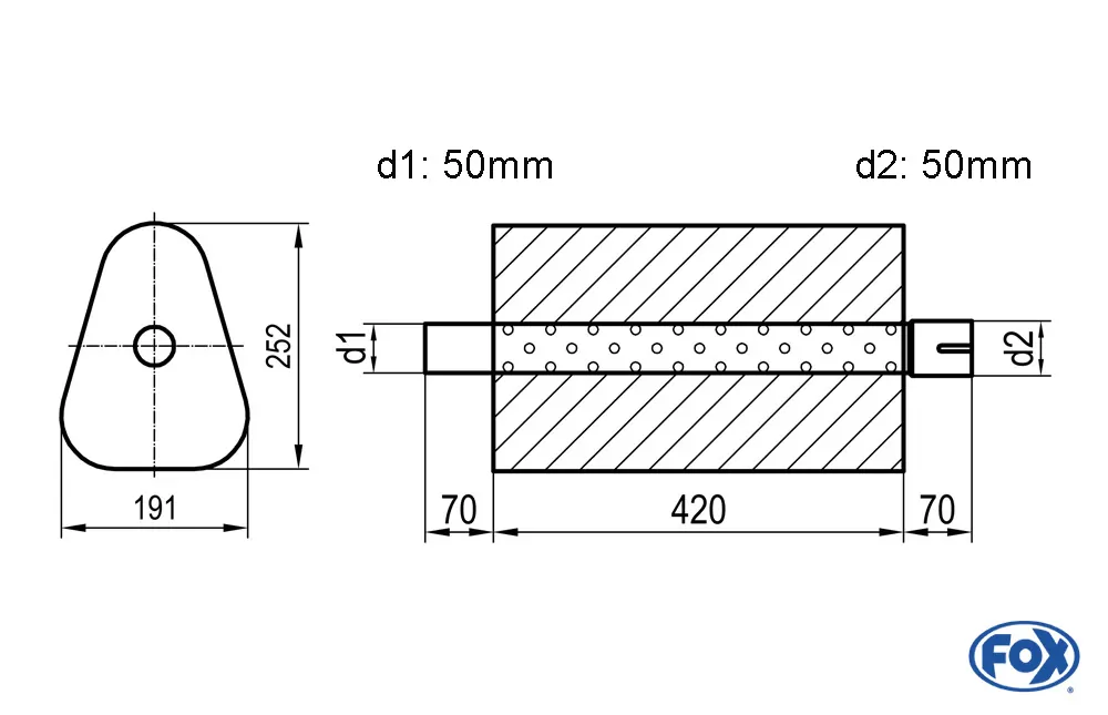 Uni-Schalldämpfer Dreieckig mit Stutzen - Abwicklung 725  191x252mm, d1Ø 50mm außen/ d2Ø 50mm innen - Länge: 420mm