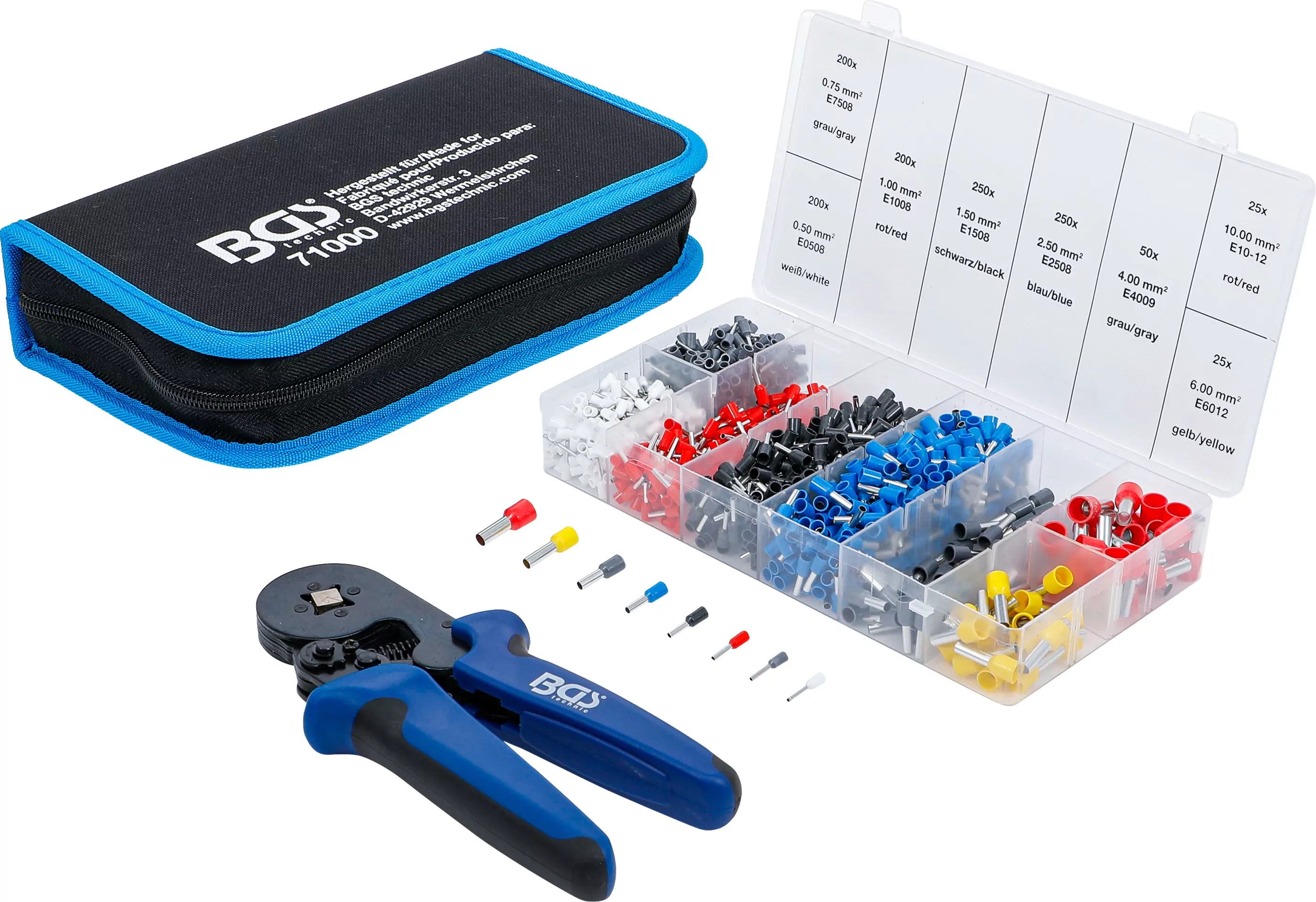 Crimpzange für Aderendhülsen 0,25 - 10 mm² | mit Aderendhülsen-Sortiment 0,5 - 10 mm²