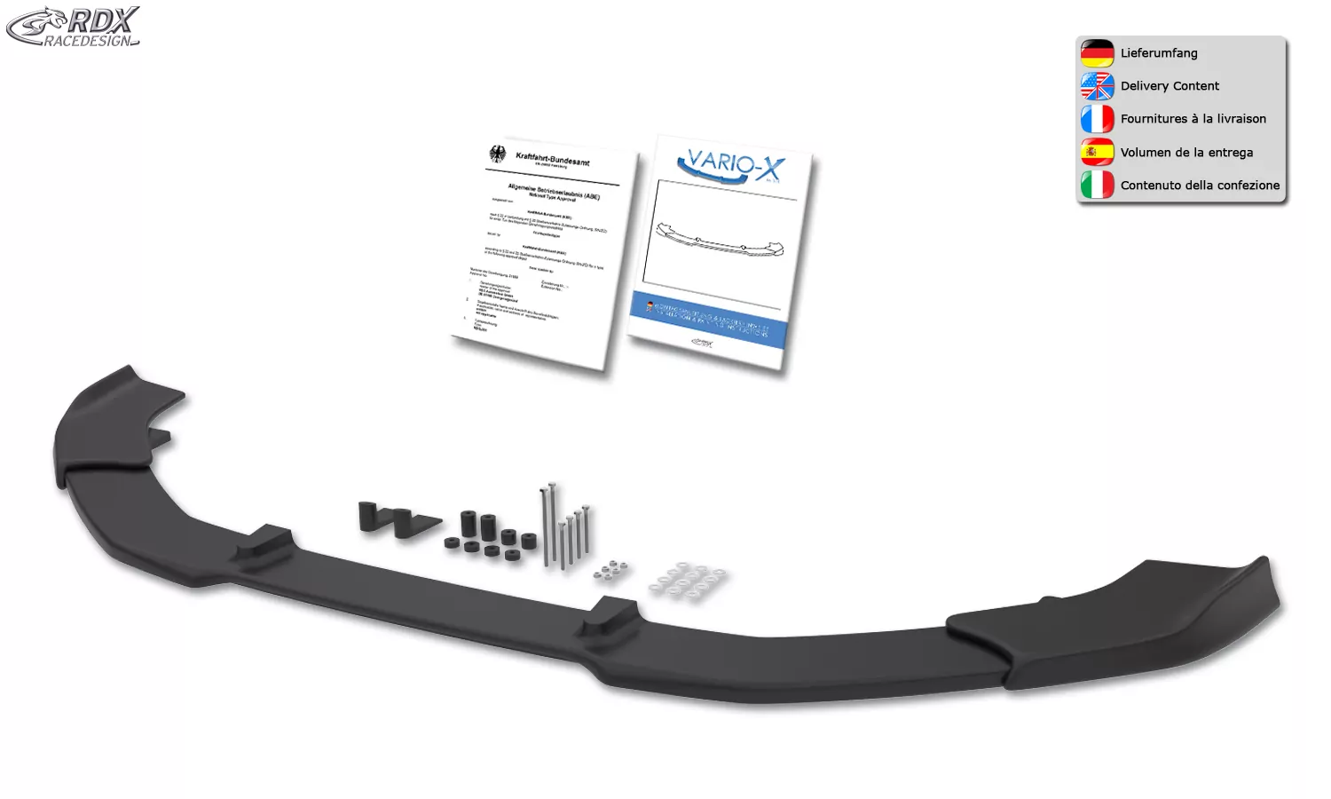 RDX Frontspoiler VARIO-X für AUDI A3 8V, 8VA Sportback, 8VS Limousine, 8V7 Cabrio S-Line & S3 (Facelift 2016+) Frontlippe Front Ansatz Vorne Spoilerlippe