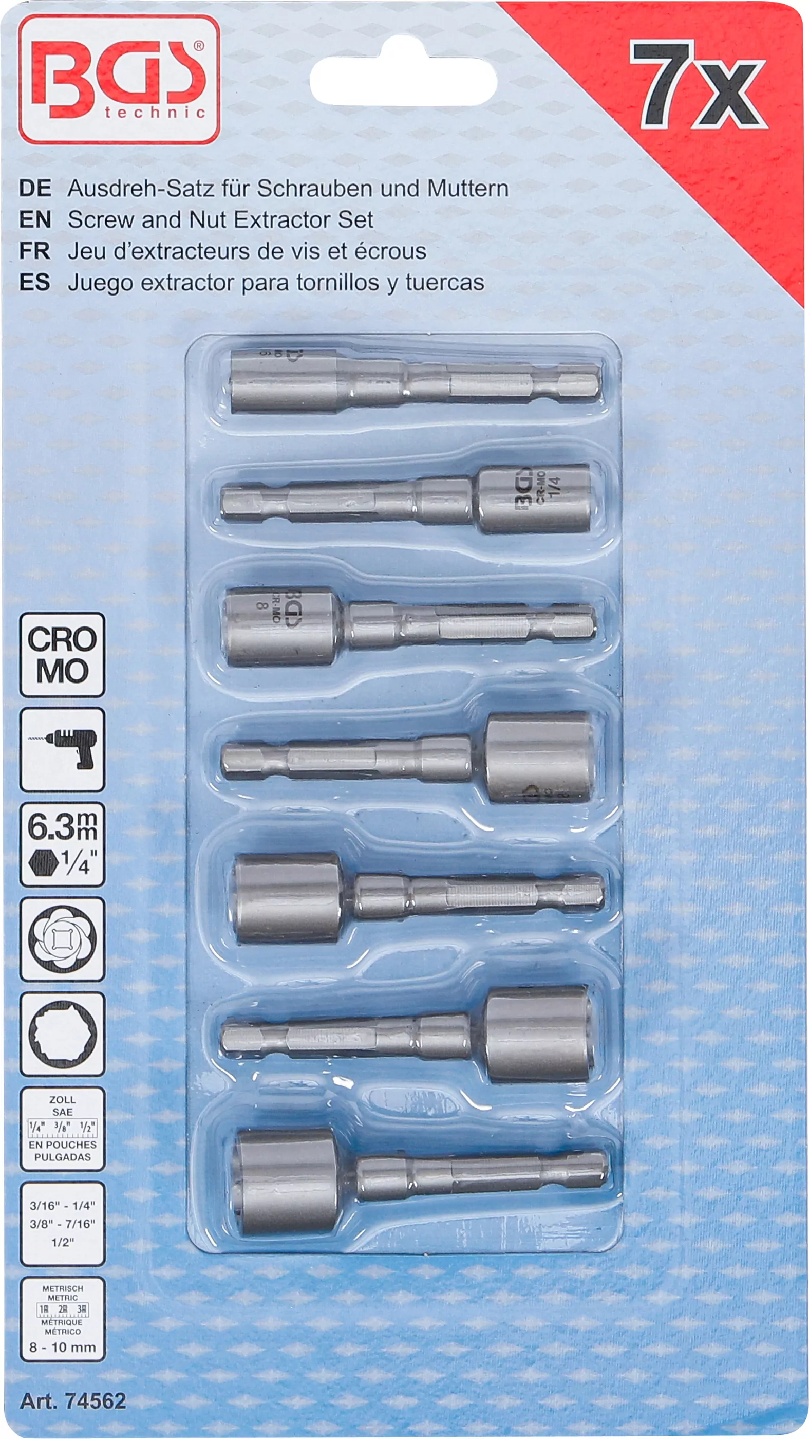 Ausdreh-Satz für Schrauben und Muttern | Antrieb Außensechskant 6,3 mm (1/4") | für Bohrmaschinen | 7-tlg.