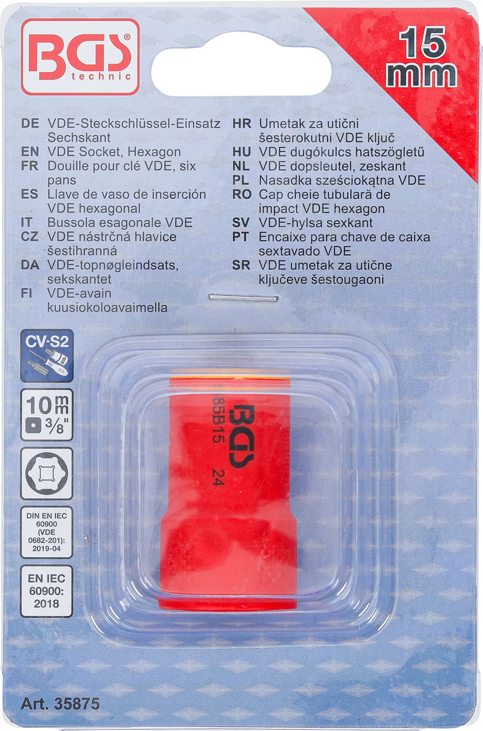 VDE-Steckschlüssel-Einsatz Sechskant | Antrieb Innenvierkant 10 mm (3/8") | SW 15 mm