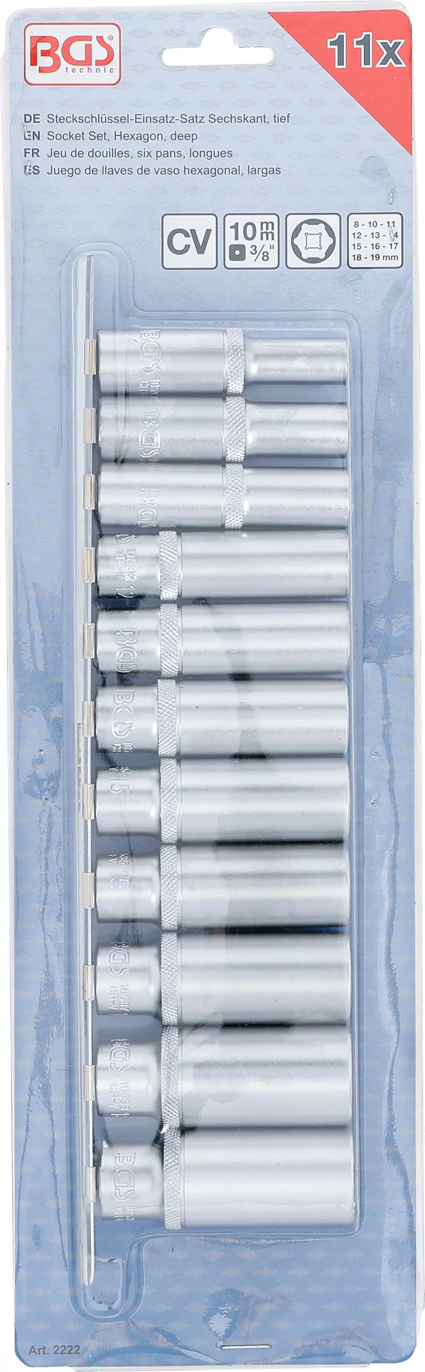 Steckschlüssel-Einsatz-Satz Sechskant, tief | Antrieb Innenvierkant 10 mm (3/8") | SW 8 - 19 mm | 11-tlg.