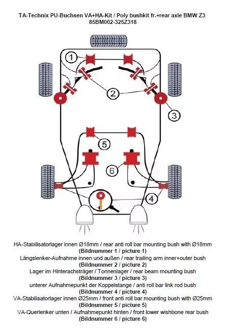TA Technix PU-Buchsen Kit 32-teilig / Vorderachse+Hinterachse / Vorderachse mit Ø 25mm Stabi / Hinterachse mit Ø 18mm Stabi / passend für BMW Z3 Roadster/Coupe Serie E36