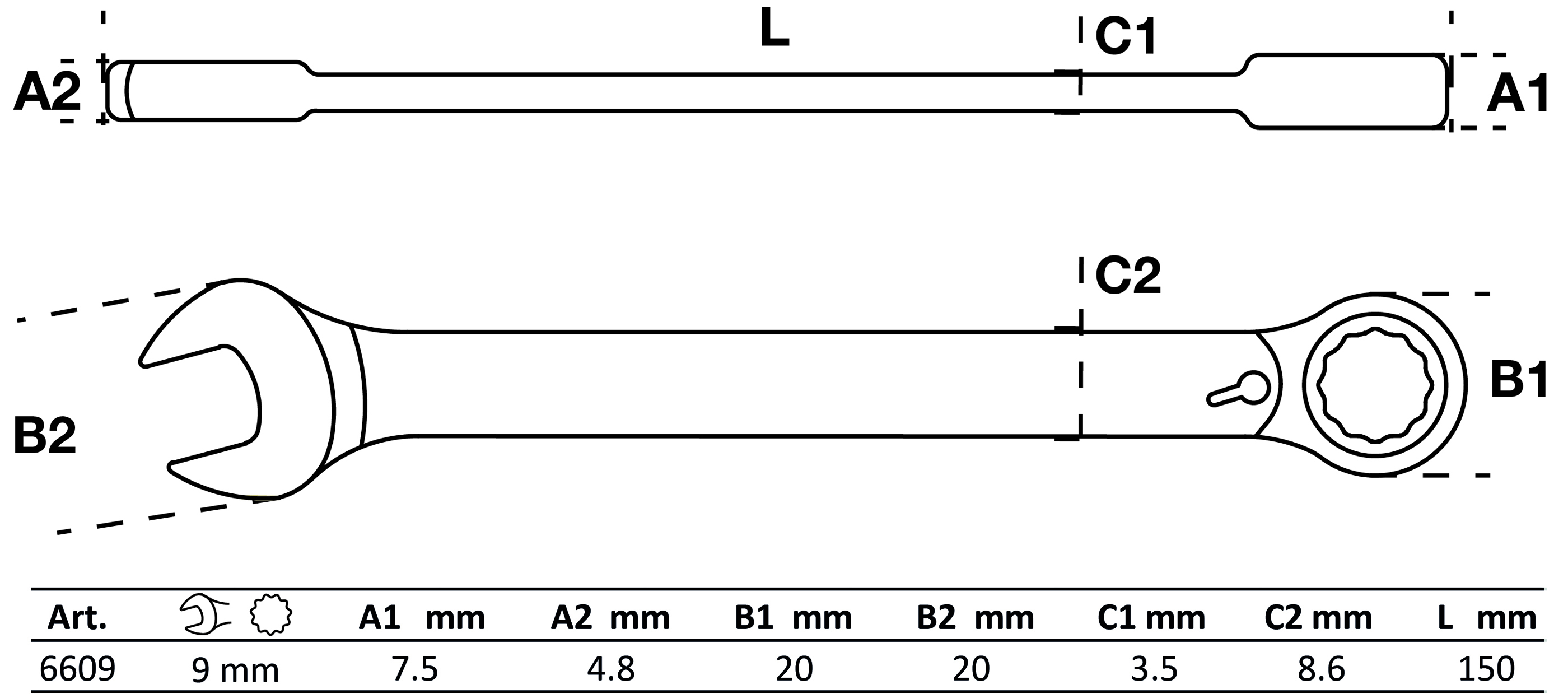 Ratschenring-Maulschlüssel | umschaltbar | SW 9 mm