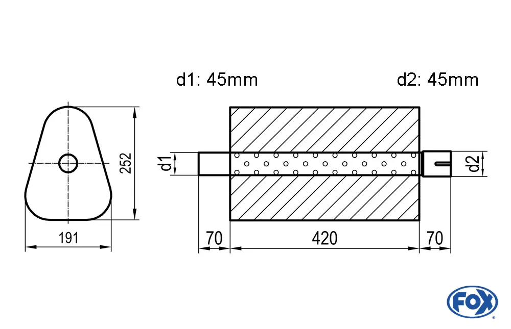 Uni-Schalldämpfer Dreieckig mit Stutzen - Abwicklung 725  191x252mm, d1Ø 45mm außen/ d2Ø 45mm innen - Länge: 420mm