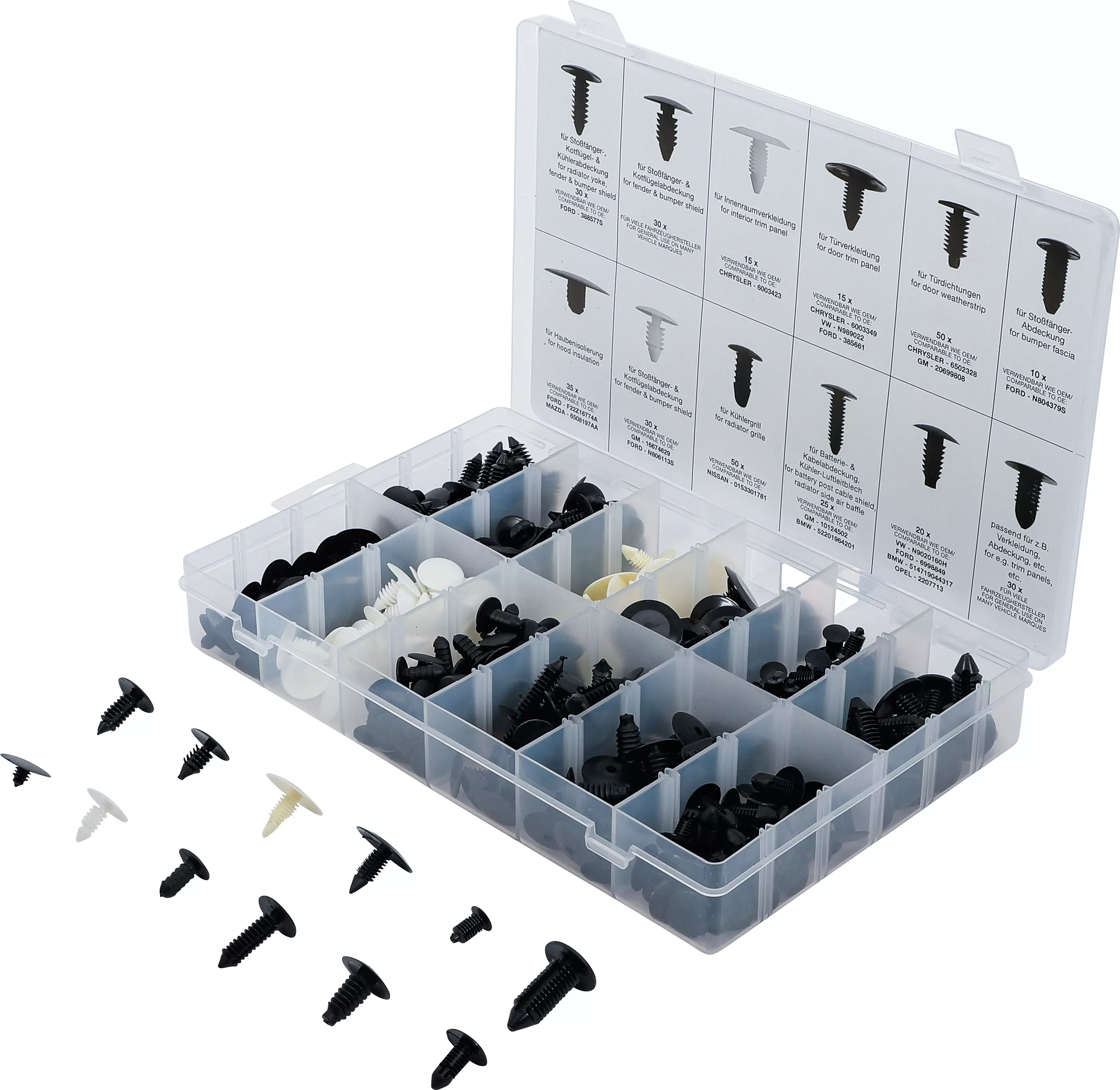 Tannenbaumclip-Sortiment für GM, VW, Chrysler, BMW, Nissan, Ford | 340-tlg.