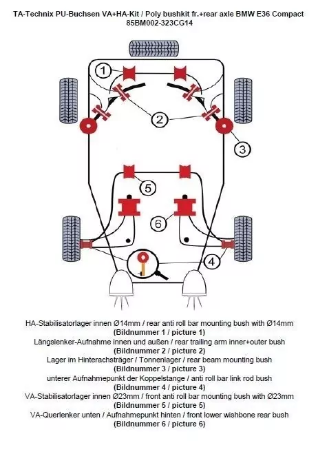 TA Technix PU-Buchsen Kit 32-teilig / Vorderachse+Hinterachse / Vorderachse mit Ø 23mm Stabi / Hinterachse mit Ø 14mm Stabi / passend für BMW 3er Serie E36 Compact