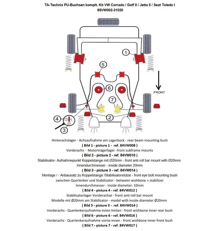 TA Technix PU-Buchsen Kit 24-teilig / VA+ Hinterachse passend für VW Corrado / Golf II / Jetta II / Seat Toledo I