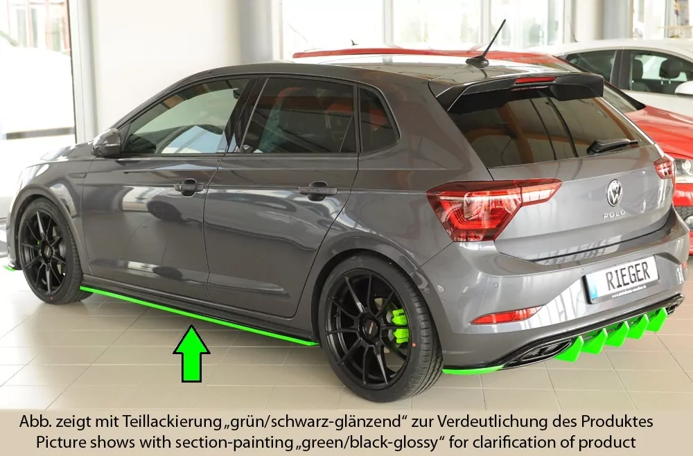 Rieger Seitenschweller links ansatz glanz schwarz für VW Polo (AW) GTI 5-tür. 06.17-05.21 (bis Facelift)