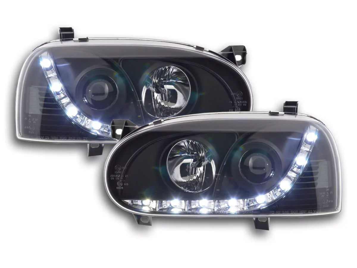 Scheinwerfer Set Daylight LED TFL-Optik VW Golf 3 Typ 1HXO 1EXO Bj. 91-97 schwarz