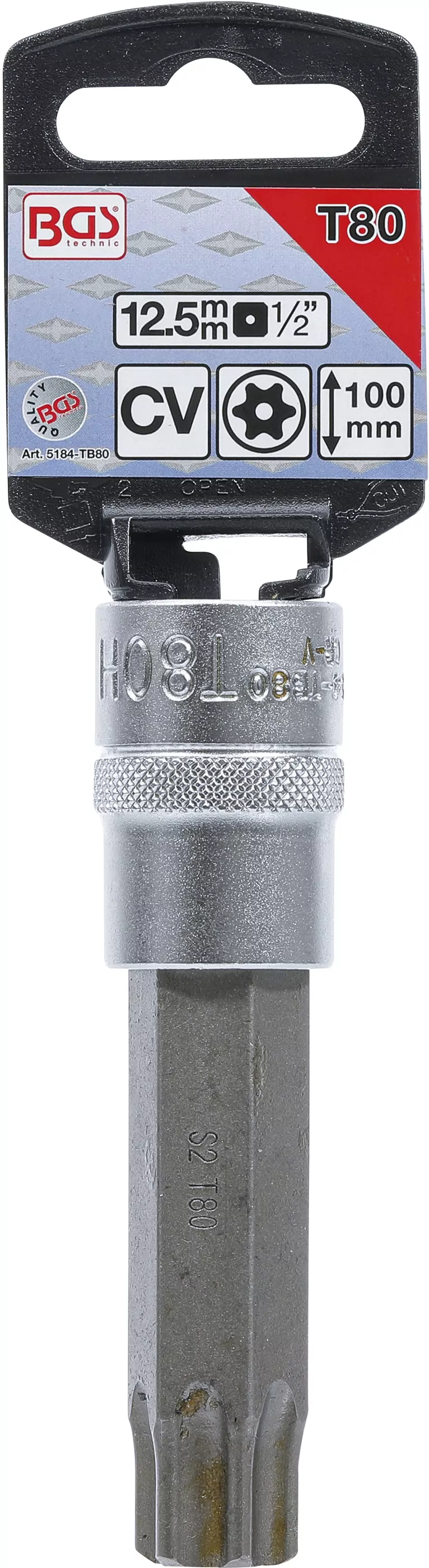 Bit-Einsatz | Länge 100 mm | Antrieb Innenvierkant 12,5 mm (1/2") | T-Profil (für Torx) mit Bohrung T80