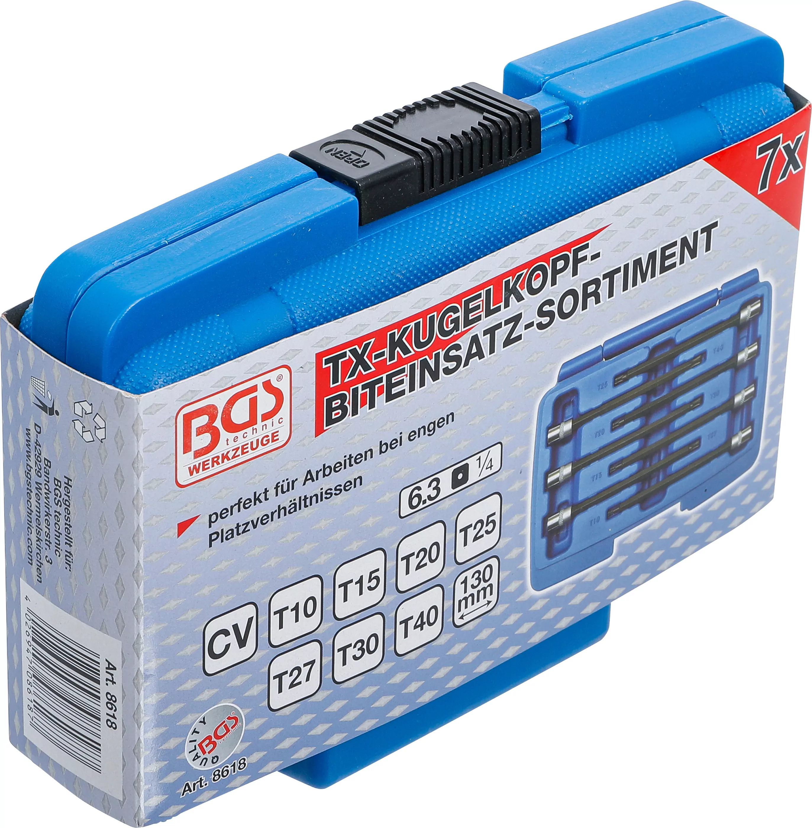 Bit-Einsatz-Sortiment | Antrieb Innenvierkant 6,3 mm (1/4") | T-Profil (für Torx) mit Kugelkopf T10 - T40 | 7-tlg.