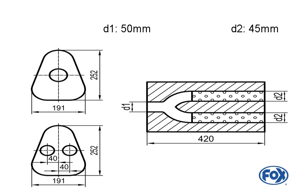 Uni-Schalldämpfer Dreieckig zweiflutig - Abwicklung 725  191x252mm, d1Ø 50mm außen / d2Ø 2x45mm außen - Länge: 420mm